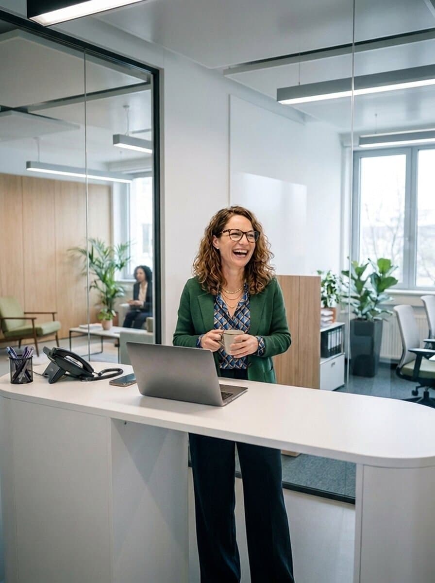 Illustration: Eine Frau steht lachend hinter einem Empfangstresen mit Laptop und Telefon